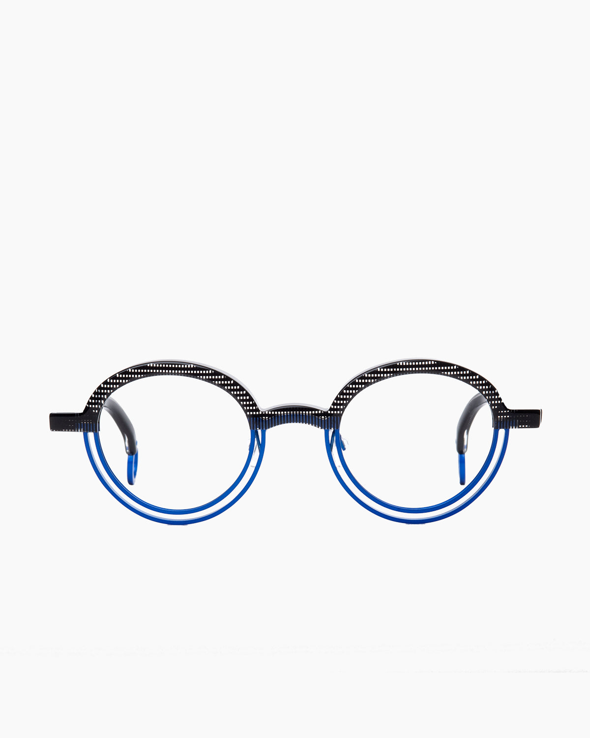 blue metal round eyeglasses by Theo model Bumper, front view, lunettes de vue rond couleur bleu