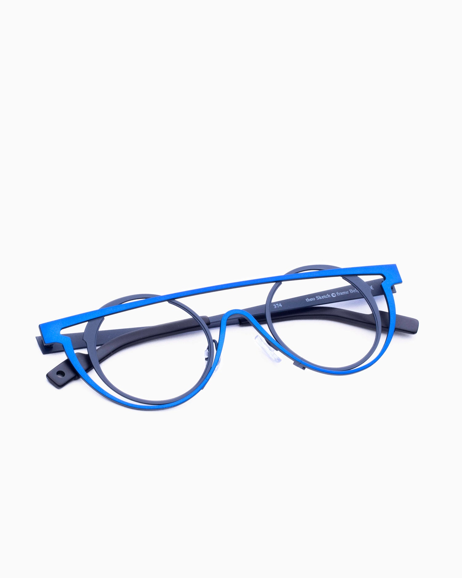 blue metal round eyeglasses by Theo model Sketch, front view, lunettes de vue rond couleur Bleu