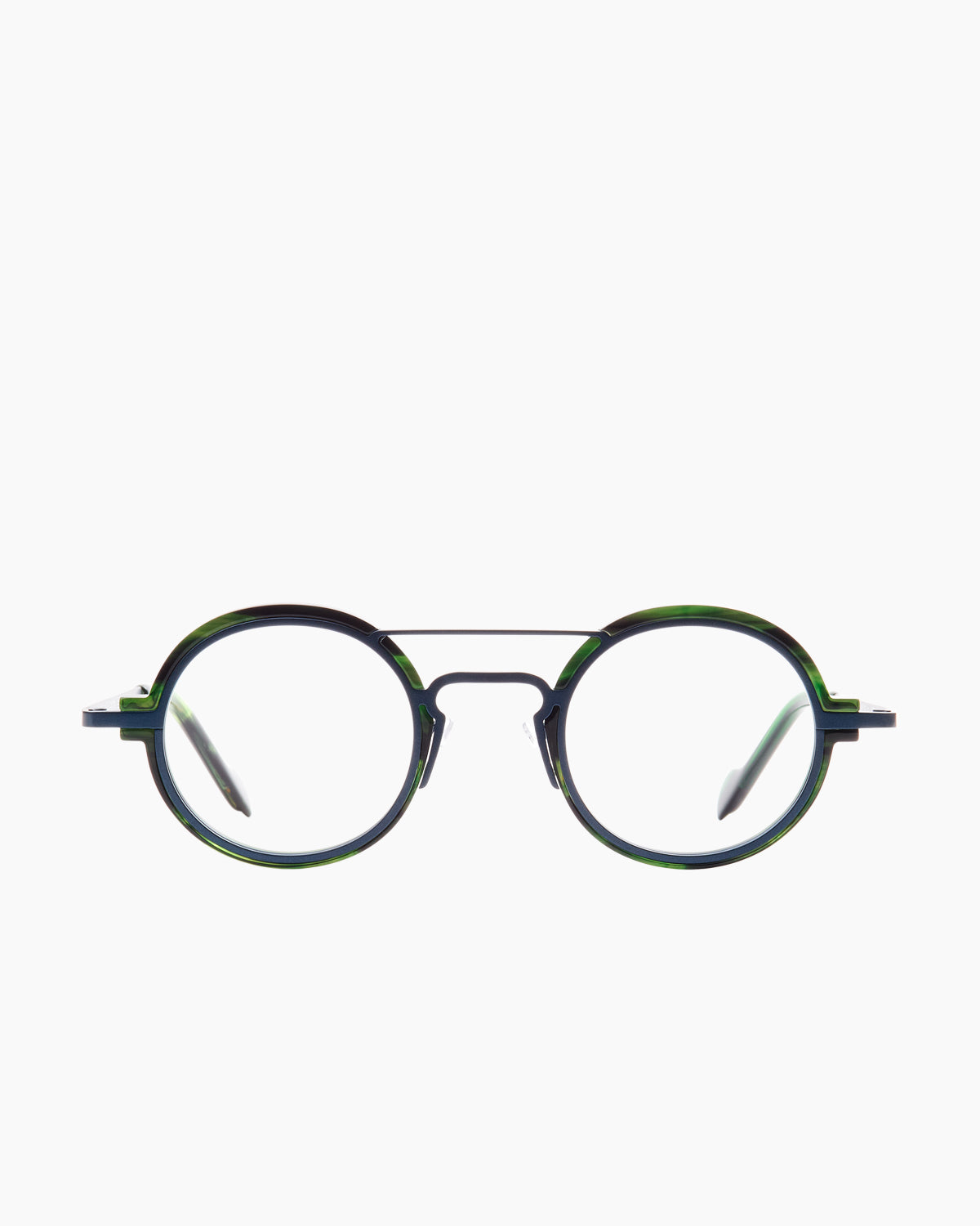 green metal oval eyeglasses by Anne et Valentin model M16, front view, lunettes de vue ovale couleur vert