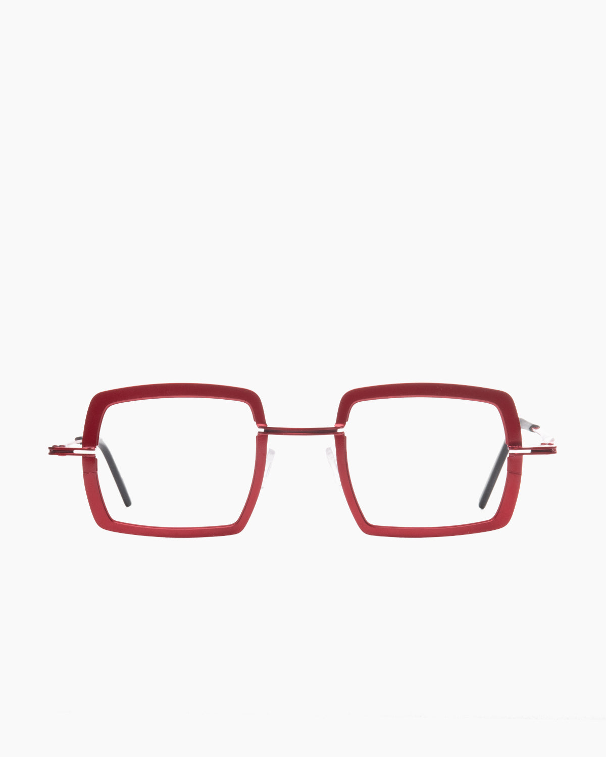 red metal rectangle eyeglasses by Theo model super, front view, lunettes de vue rectangle couleur rouge